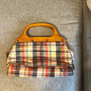 JCrew madras print wooden handle handbag